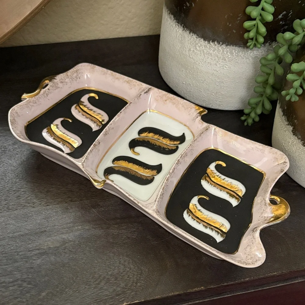 VTG 1955 Geo Z. Lefton Trinket Dish Tray Pink Gold Black